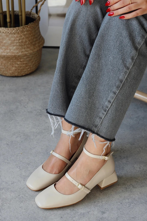 Beige Patent Leather Closed Back Short Heel